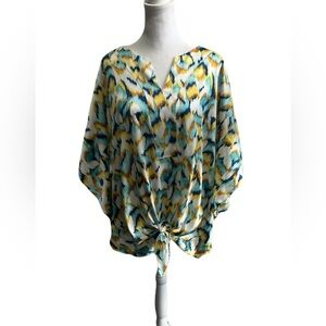 CHICOS Satin Tie-Front Blouse in Ikat Print, Like New